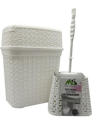 Data Store Hasır Desenli Çöp Kovası ve Klozet Fırçası Seti, Beyaz