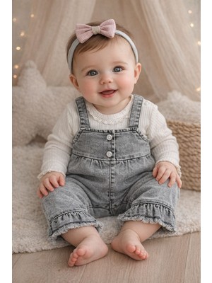 Aki Moda Kids Aki Moda Kıds Kız Bebek Fırfır Detaylı Kot Salopet ve Uzun Kollu Body Takım