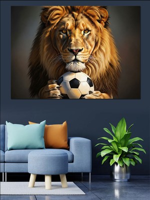 Artmeg Futbol Topu Tutan Aslan Portresi Dekoratif Kanvas - Mdf Ahşap Tablo