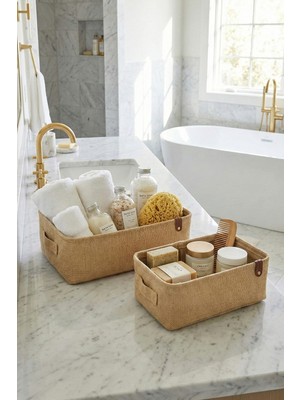 Prendi Home 2 Li Jüt Kumaş Banyo Düzenleyici Sepet Dekoratif Çok Amaçlı Organizer Kutu 37X27X10-30X22X10