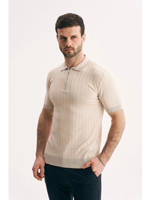 Silvano Erkek Fermuar Yakalı Fitilli Triko Tişört-Slim Fit Polo Yaka Örme