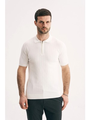 Silvano Erkek Fermuar Yakalı Fitilli Triko Tişört-Slim Fit Polo Yaka Örme