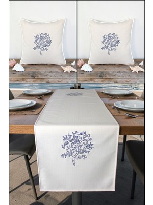 Visionario Marin Nakışlı Runner 145X40 ve 45X45 Kırlent Seti Yosun Desen Su Itici Outdoor Keten Tekne Bahçe