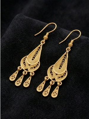 Roza Silver 925 Ayar Gümüş Altın Kaplama Geleneksel Telkari Şamdan Küpe - Damla Püsküllü El Işçiliği