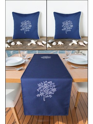 Visionario Marin Nakışlı Runner 145X40 ve 45X45 Kırlent Seti Yosun Desen Su Itici Outdoor Keten Tekne Bahçe