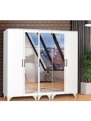 Yuvaset Home Zirve 5 Kapılı Aynalı Beyaz Gardırop