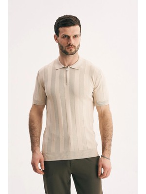 Silvano Erkek Fermuar Yakalı Fitilli Triko Tişört-Slim Fit Polo Yaka Örme