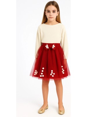 Esila Kids Kız Çocuk Etek Ponponlu Kırmızı Renk Şık Etek