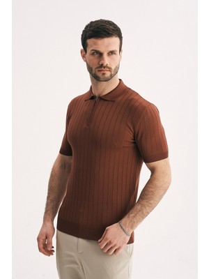 Silvano Erkek Fermuar Yakalı Fitilli Triko Tişört-Slim Fit Polo Yaka Örme