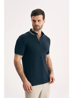 Silvano Erkek Slim Fit Dokulu Tişört- Yaka ve Kol Çizgi Detaylı Premium Polo