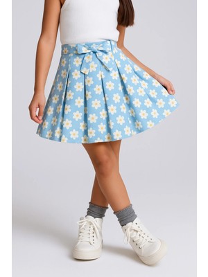 Esila Kids Kız Çocuk Etek Fermuar Kapamalı Çiçek Baskılı Pileli Etek 4-10 Yaş