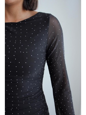 Salome Butik Tül Kol Detaylı Taşlı Bluz