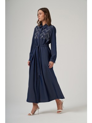 Nuss Önü Düğmeli Pul Işleme Detay Kuşaklı Uzun Elbise 2034 Denim