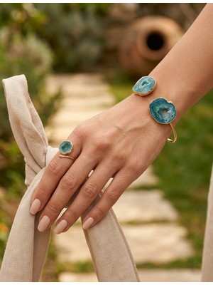 Museum Of You Mavi Akik Taşlı 14K Altın Kaplama El Yapımı Kadın Takı Seti - Ayarlanabilir Bilezik & Yüzük Kombini