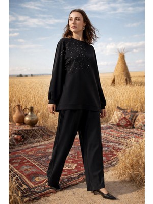 Nuss Taş Zımba Detay Tunik Pantolon Takım 1076 Siyah