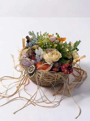 Florivya Design Florivya Dekoratif Sepet Çiçek Aranjmanı – Yapay Çiçekli Rustik Masa Üstü Dekor