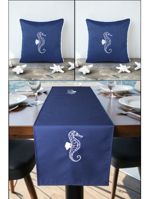 Visionario Marin Nakışlı Runner 145X40VE45X45 Kırlent Seti Deniz Atı Desen Su Itici Outdoor Keten Tekne Bahçe