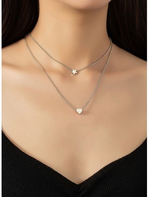 Atalya Accessory Gümüş Renk Iki Katmanlı Yıldız ve Kalp Kadın Minimal Kolye
