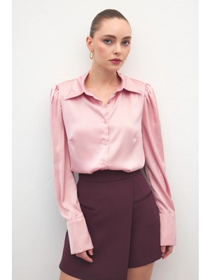 Sateen Vatkalı Saten Gömlek - Pembe