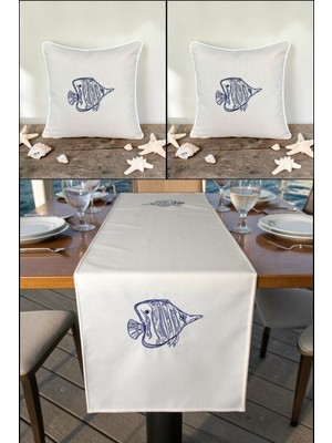 Visionario Marin Nakışlı Runner 145X40 ve 45X45 Kırlent Seti Balık Desen Su Itici Outdoor Keten Tekne Bahçe