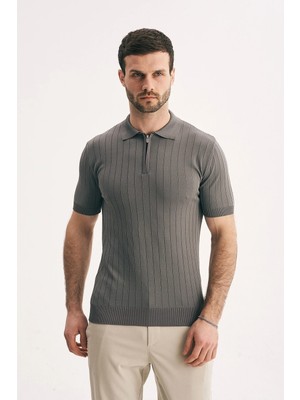 Silvano Erkek Fermuar Yakalı Fitilli Triko Tişört-Slim Fit Polo Yaka Örme