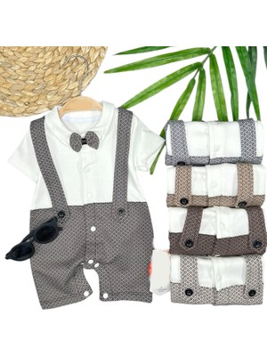 Diji Baby 3-6-9-12 Ay Papyon Detaylı Piti Kare Baskılı Salopet Görünümlü Erkek Bebek Tulumu