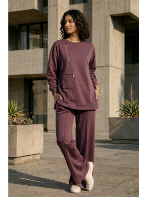 Nuss Fermuar ve Nervür Detay Tunik Pantolon Takım 1077 Mürdüm