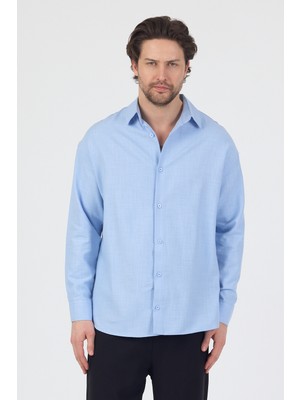 Danger Erkek Pamuklu Keten Görünümlü Gömlek Mavi