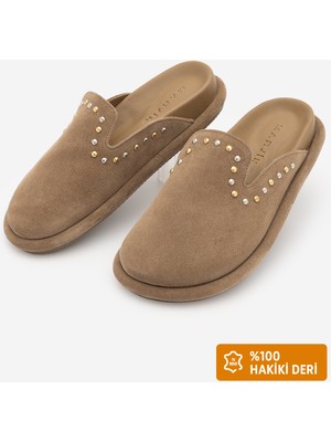 Marjin Kadın Hakiki Deri Zımbalı Troklu Sabo Günlük Terlik Sufite Camel Süet