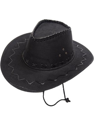 Bağcıklı Çocuk Boy Nubuk Süet Kovboy Şapkası Siyah Renk Midastech
