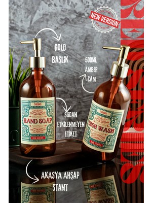 500ML Ahşap Stantlı Amber Renkli Red Serisi Gold Başlıklı El Sabunu ve Bulaşık Detarjanı Şişesi