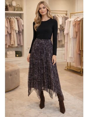 Miss Still Şal Desenli Uzun Şifon Acı Kahve Etek