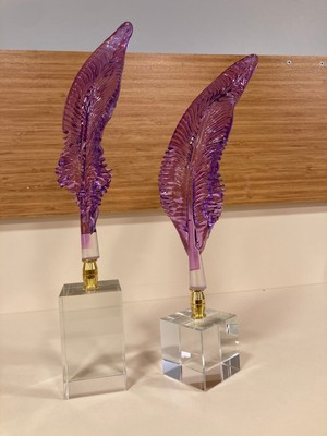 Plus Home Dekoratif Kristal Cam Tüy Model Renk Mor Altın 2'li Yükseklik 33 ve 31 cm