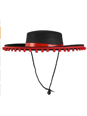 Kırmızı Ponponlu Siyah Renk Çocuk Ispanyol Şapkası Midastech