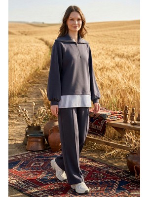 Nuss Yarım Fermuar ve Gömlek Detay Tunik Pantolon Takım 1075 Lacivert