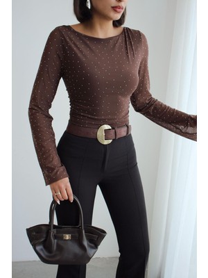 Salome Butik Tül Kol Detaylı Taşlı Bluz