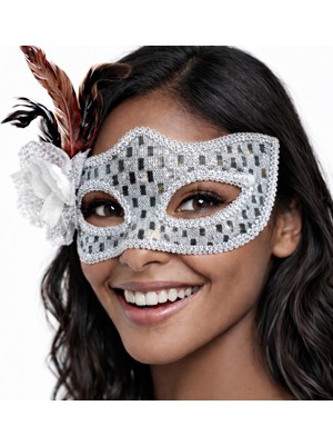 Gümüş Renk Tüylü Balo Maskesi Kadın Parti Aksesuarı Midastech