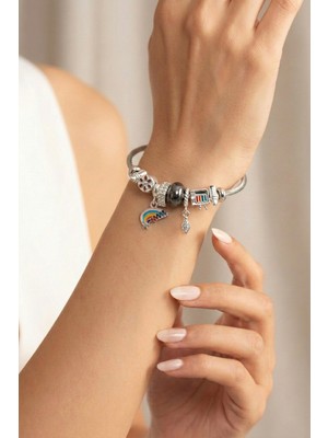Wuclo Gökkuşağı ve Sanat Temalı Charm Detaylı Silver Antrasit Bijuteri Kelepçe Bileklik