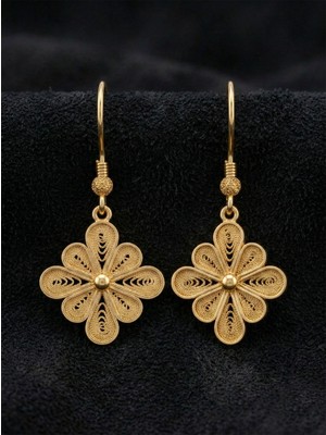 Roza Silver 925 Ayar Gümüş Altın Kaplama Geleneksel Telkari Yonca Küpe - El Işçiliği Çiçek Motifli Karo Kancalı