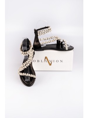 Oblavion Valen Taşlı Fermuarlı Hakiki Deri Sandalet