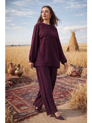 Nuss Taş Zımba Detay Tunik Pantolon Takım 1076 Mürdüm