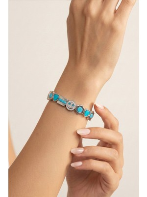 Wuclo Smiley Figürlü Turkuaz Taşlı Silver Gümüş Bijuteri Bileklik