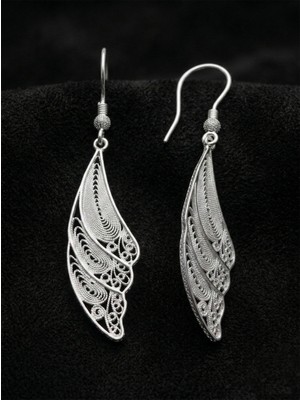 Roza Silver 925 Ayar Gümüş Geleneksel Telkari Melek Kanadı Küpe - Modern El Işçiliği Dikey Tasarım