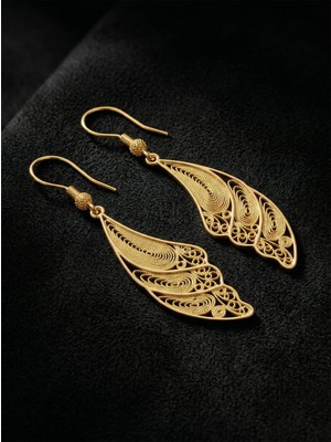 Roza Silver 925 Ayar Gümüş Altın Kaplama Geleneksel Telkari Kanat Küpe