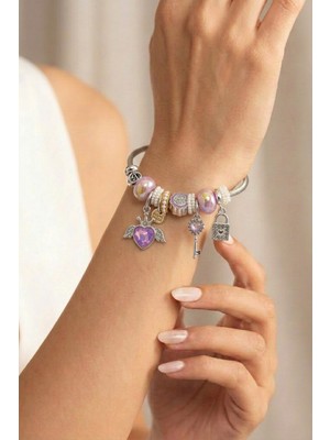 Wuclo Kanatlı Kalp ve Anahtar Figürlü Silver Mor Bijuteri Kelepçe Bileklik