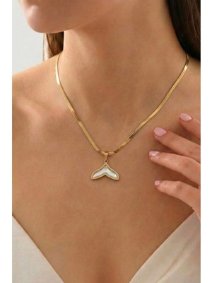 Wuclo Balina Kuyruğu Figürlü Sedefli Gold Bijuteri Kolye