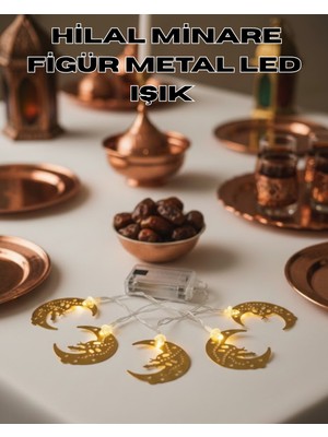 MidasTech Minareli Hilal LED Işık Gold Metal Gövdeli Pilli Ramazan Dekoru Midiastech