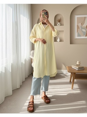Moda Morfo Oval Kesim Karaş Uzun Salaş Tunik -Açık Sarı