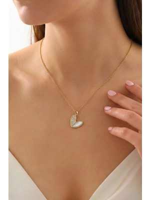 Wuclo Taşlı ve Sedefli Kalp Figürlü Gold Bijuteri Kolye