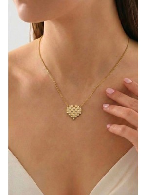 Wuclo Piksel Tasarım Kalp Figürlü Zirkon Taşlı Gold Bijuteri Kolye